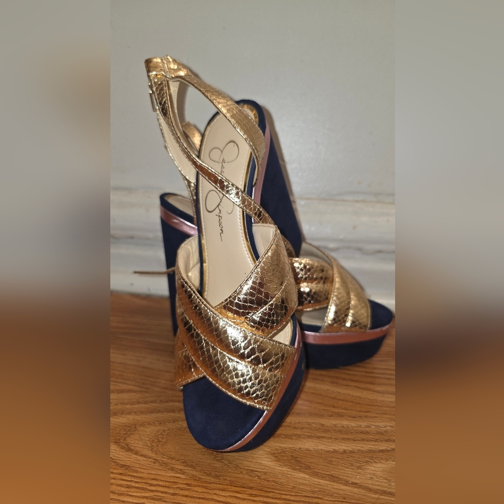 Gold and Blue Platform Heels - Picture 2 of 7